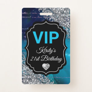 Teal Mermaid Letters Silver Glitter Birthday VIP Badge