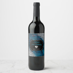 Teal Mermaid Letters Silver Glitter Birthday Wine Label