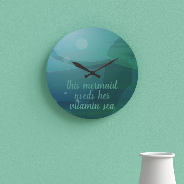 Teal Mermaid Silhouette Ocean Waves Custom Quote Round Clock (A mermaid swims in the deep ocean as she needs her vitamin sea)