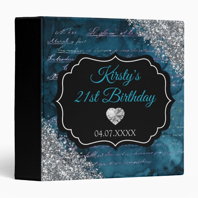 Teal Mermaid Silver Glitter Birthday Photo Album Binder (Front/Spine)
