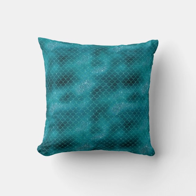 Teal Mermaid Sparkle Throw Pillow (Front)