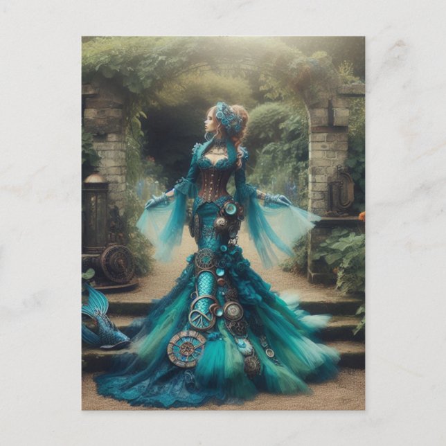 Teal Mermaid Steampunk Vintage Victorian Lady Postcard (Front)