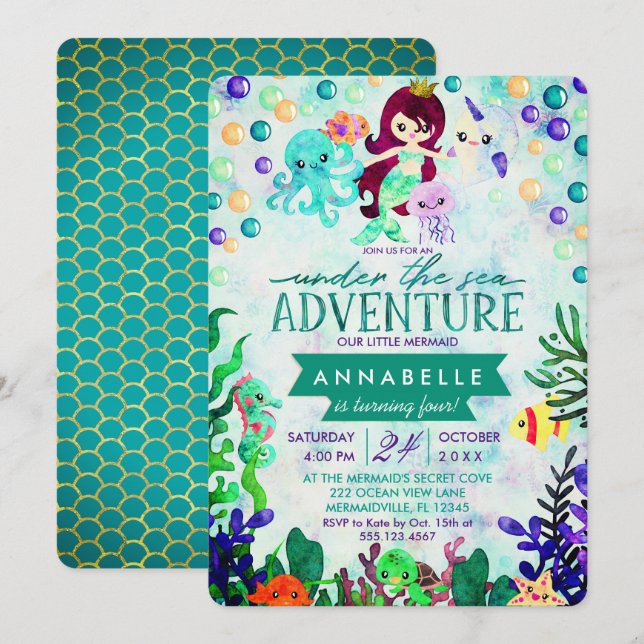 Teal Mermaid Theme Birthday Party Invitations (Front/Back)