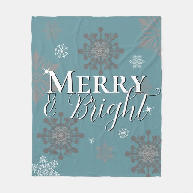 Teal Merry and Bright Snowflakes Christmas Fleece Blanket (Front)