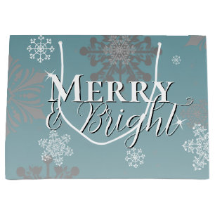 Teal Merry and Bright Snowflakes Christmas Large Gift Bag