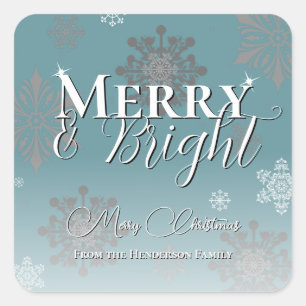 Teal Merry and Bright Snowflakes Christmas Square Sticker