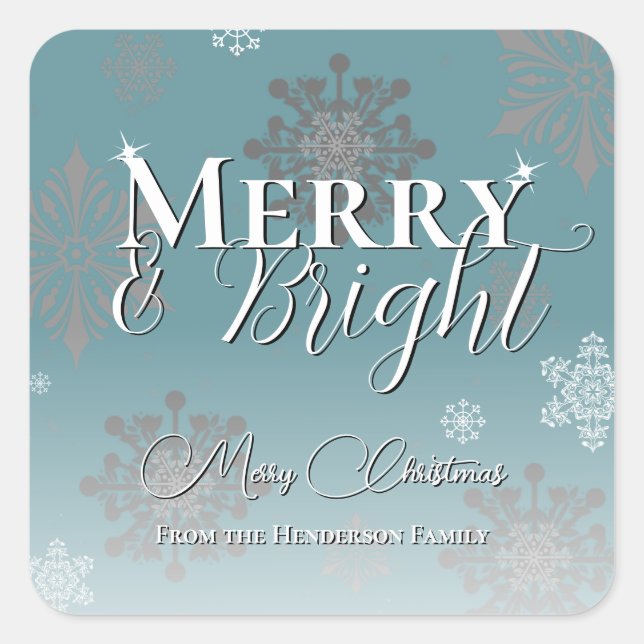 Teal Merry and Bright Snowflakes Christmas Square Sticker (Front)