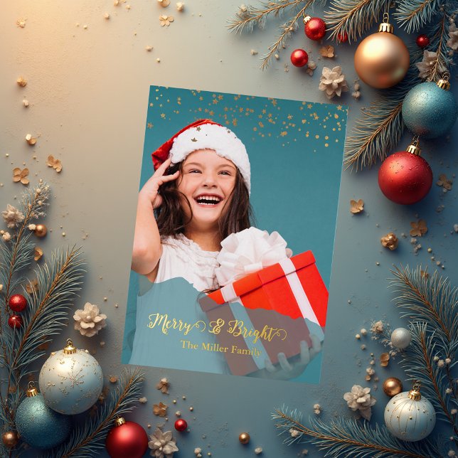 teal Merry & Bright Christmas Photo gold Foil Holiday Card (Creator Uploaded)