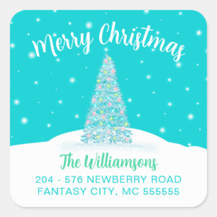 Teal Merry Christmas Tree Return Address Label