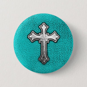 Teal Metal Cross 2 Inch Round Button