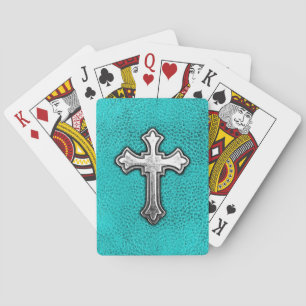 Teal Metal Cross Playing Cards
