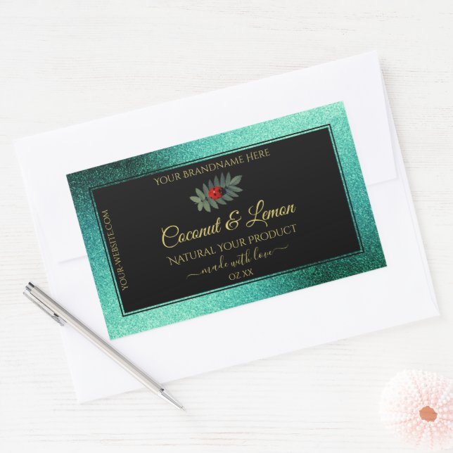 Teal Metallic Glitter Black Product Labels Ladybug (Envelope)