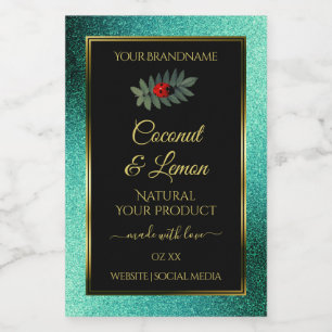 Teal Metallic Glitter Black Product Labels Ladybug