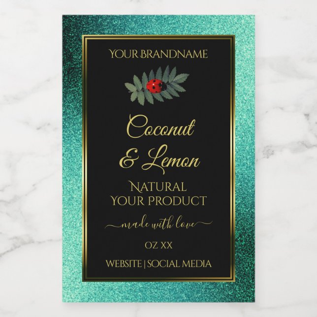 Teal Metallic Glitter Black Product Labels Ladybug (Single Label)
