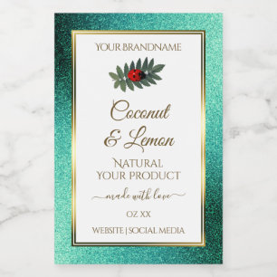 Teal Metallic Glitter White Product Labels Ladybug