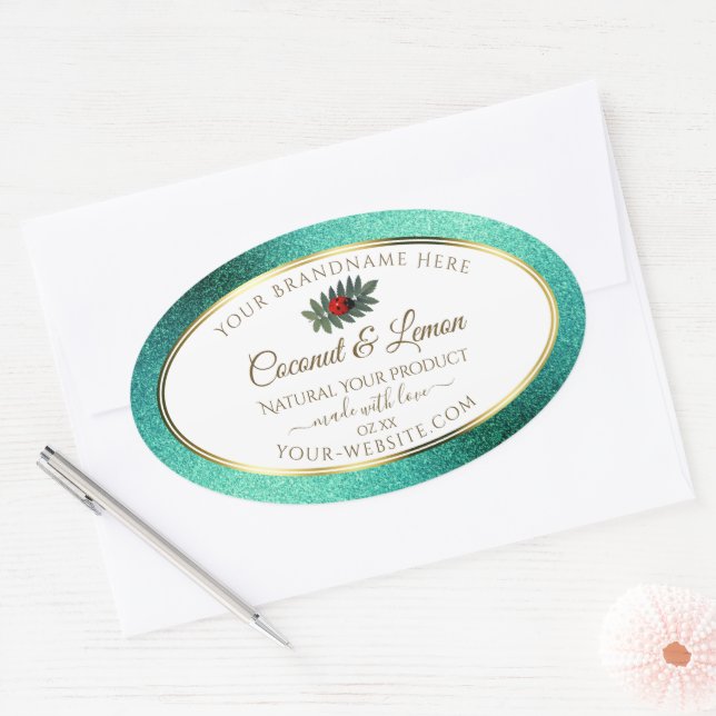 Teal Metallic Glitter White Product Labels Ladybug (Envelope)