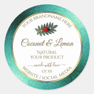 Teal Metallic Glitter White Product Labels Ladybug