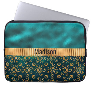 Teal Metallic Swirl Personalized Elegant Stylish Laptop Sleeve