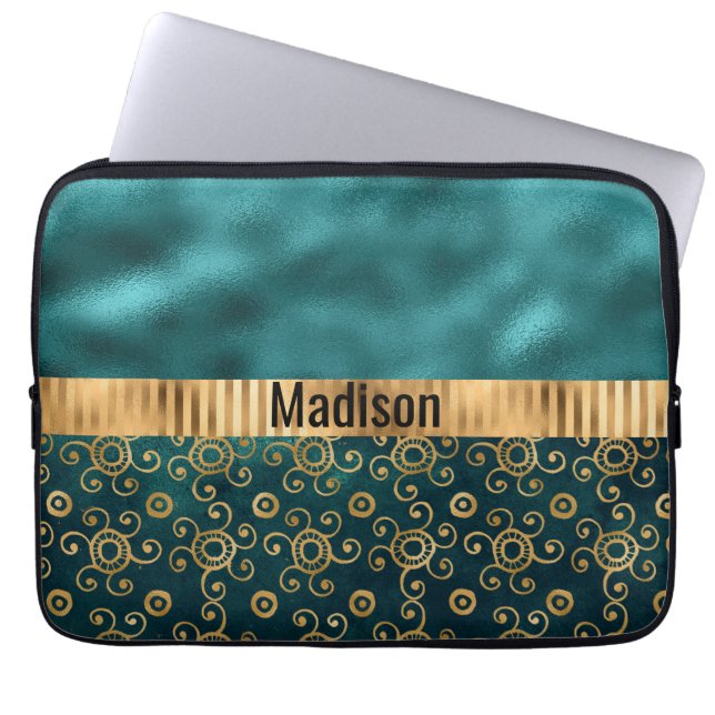 Teal Metallic Swirl Personalized Elegant Stylish Laptop Sleeve (Front)