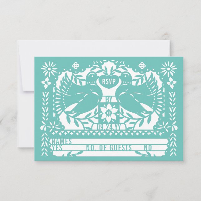 Teal Mexican Fantail Doves Papel Picado RSVP Card (Front)