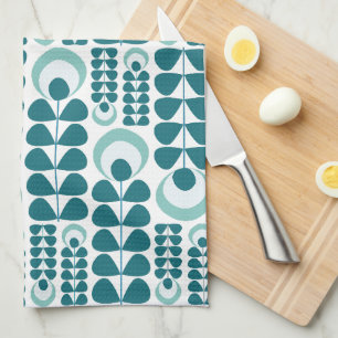Teal Mid Mod Flowers Pattern Kitchen Towel