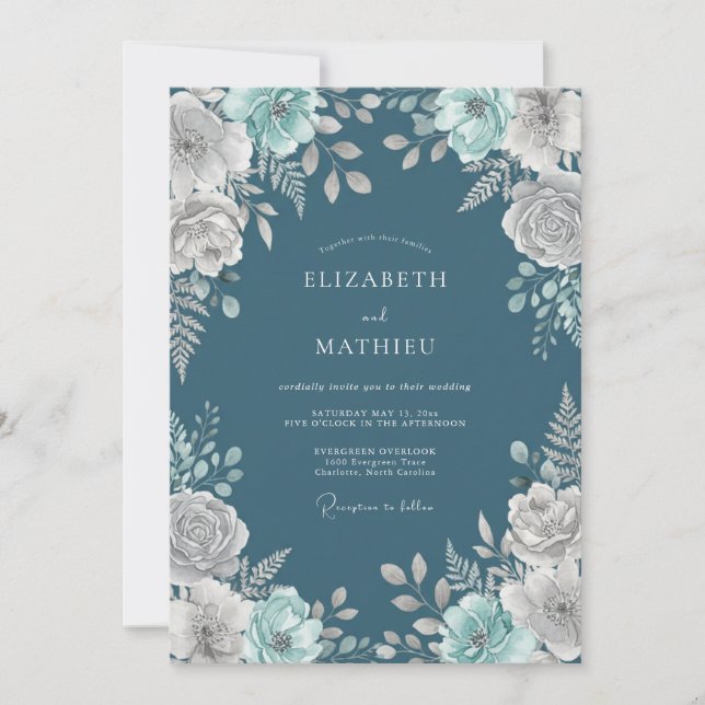 Teal Midnight Botanical Wedding Invitation (Front)