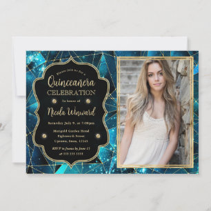 Teal Midnight Crystal Galaxy Quinceanera photo Invitation