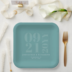 Teal Minimalist Bold Type Wedding Paper Plate