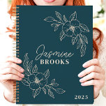 Teal Minimalist Floral 2025 Custom Name Planner<br><div class="desc">Stay organized and inspired with this elegant planner featuring a minimalist floral design on a sophisticated teal background. Personalize it with your name for a unique and stylish touch. This planner is perfect for keeping track of appointments, to-dos, and all your important dates throughout 2025. With its calming design and...</div>