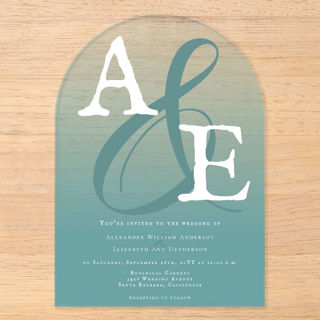 Teal Minimalist Monogram Wedding Acrylic Invitations (Front)