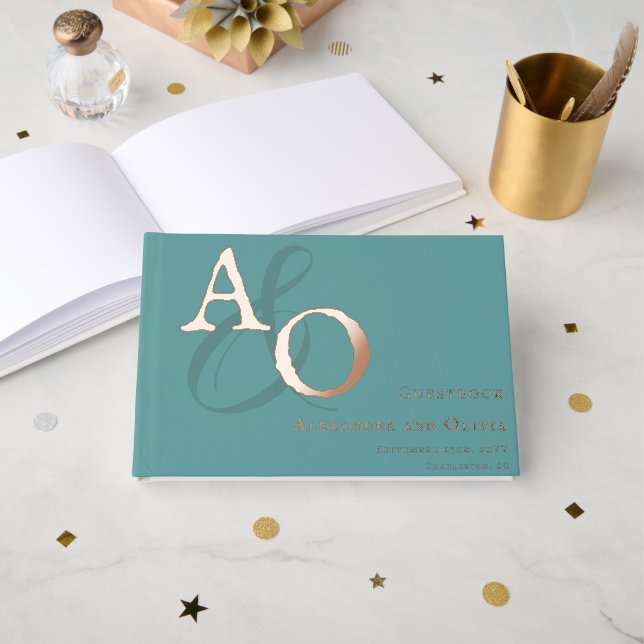 Teal Minimalist Monogram Wedding Guest Book (Front Open)