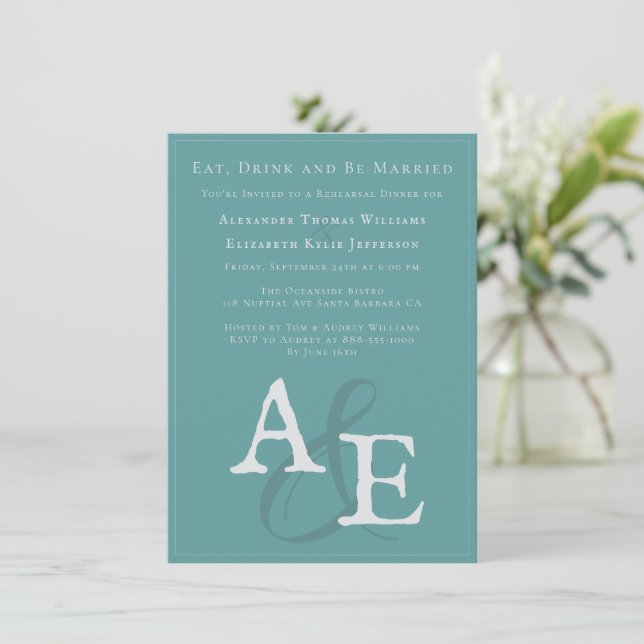 Teal Minimalist Monogram Wedding Rehearsal Dinner Invitation (Standing Front)