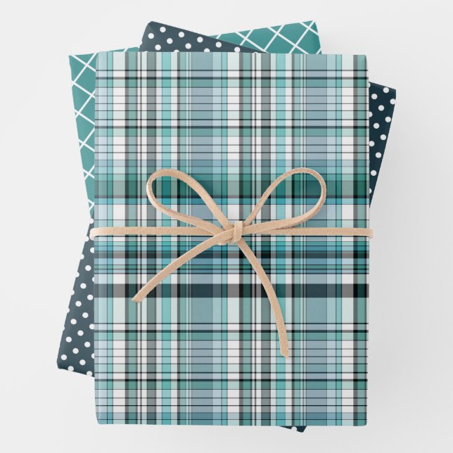 Teal Mint Blue Green Stripes Polkadots Pattern Wrapping Paper Sheet (In situ)