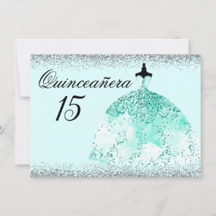 Teal Mint Dress Silver Glitter Quinceanera invite