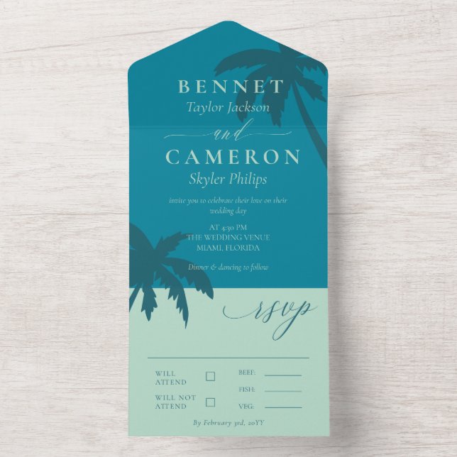 Teal & Mint Green Palm Trees Beach Wedding All In One Invitation (Inside)