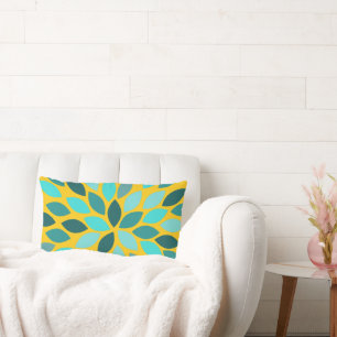 Teal Mint Mustard Modern Chrysanthemum Floral Lumbar Pillow