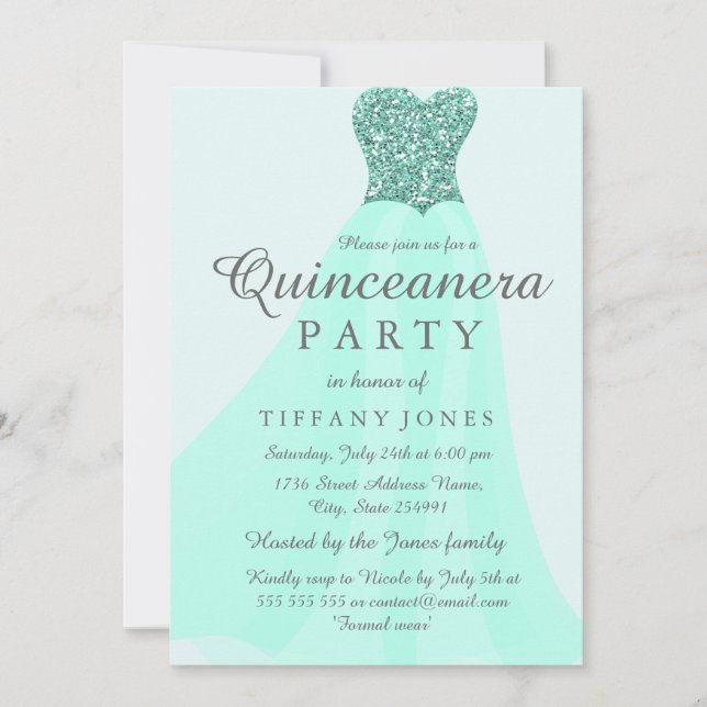 Teal Mint Sparkling Glitter Gown Quinceanera Party Invitation (Front)