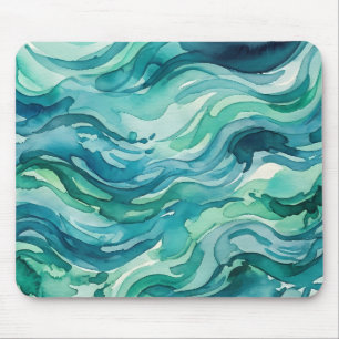 Teal Mint Watercolor Ocean Waves Mouse Pad