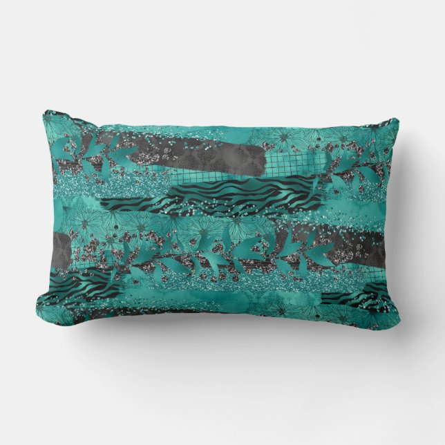 Teal Mixed Print Lumbar Pillow (Front)
