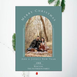 Teal Modern Arch Frame Holiday Photo Card