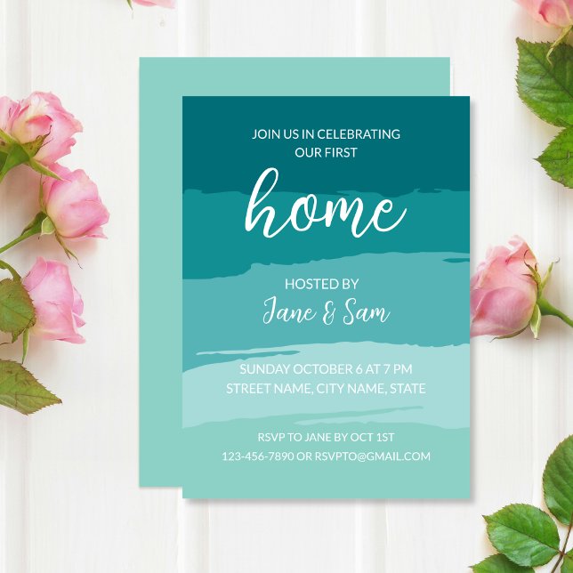 Teal Modern Elegant New Home Housewarming Party Invitation (Teal Aqua Blue Ombre Brush Modern Elegant New Home Change Of Address Housewarming Party Invitation)