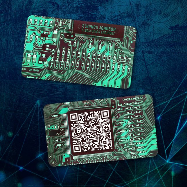   Teal Modern Printed Circuit Board Custom QR Code Business Card (Creator Uploaded)