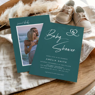 Teal Modern Script Baby Shower Photo Invitation