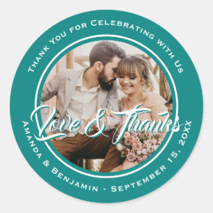 Teal Modern Script Wedding Photo Favour Classic Round Sticker