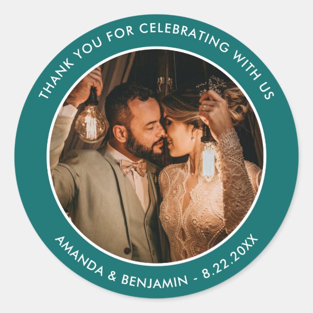 Teal Modern Thank You Photo Wedding Classic Round Sticker (Front)
