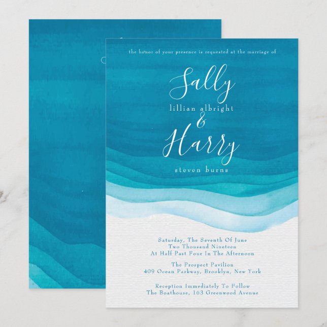Teal, Modern Watercolor Waves Wedding Invitation (Front/Back)