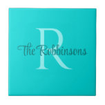 Teal Monogram Family name Ceramic Tile<br><div class="desc">Beautiful personalized tile with teal colours,  custom features include initial (monogram),  and family name.</div>