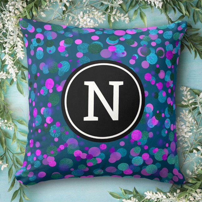 Teal monogram initial blue purple confetti dots throw pillow (Creator Uploaded)