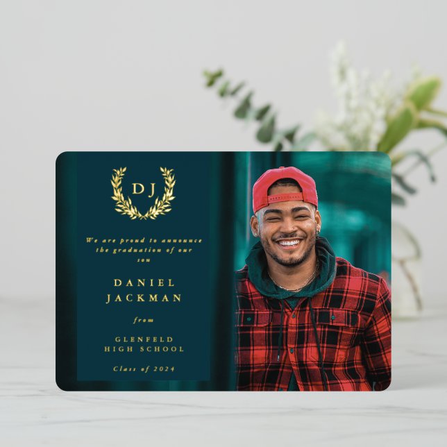 Teal Monogram + Laurel Graduation Announcement (Standing Front)