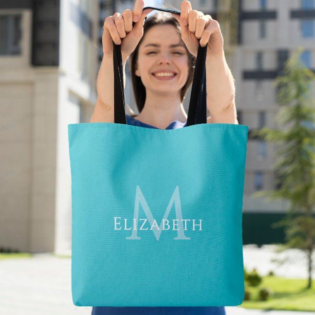 Teal Monogram Modern Name Initial Tote (Teal Monogram Modern Name Initial Tote)